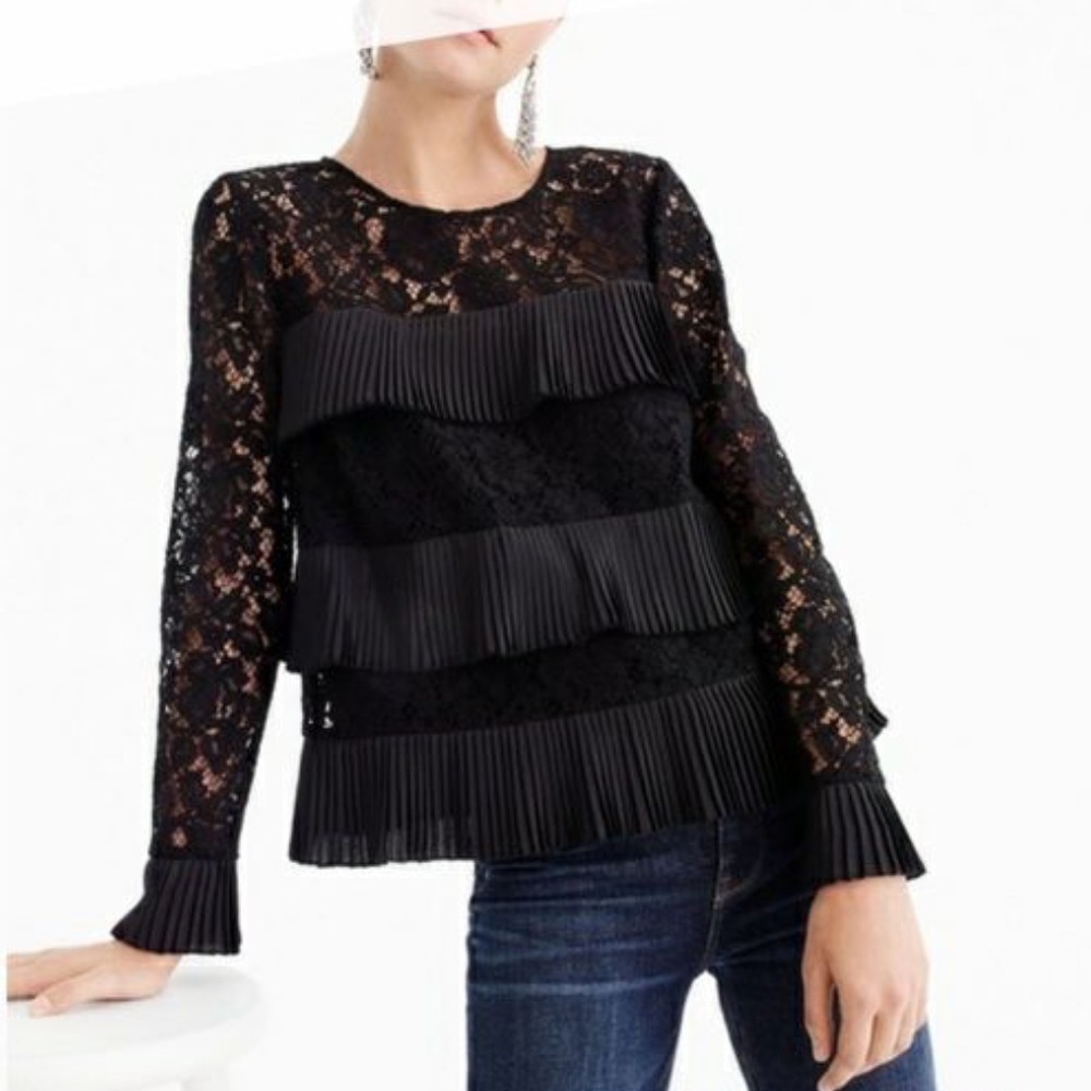 J Crew Ruffle Pleated Tiered Blouse in Black Lace